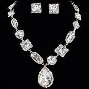 Princess Pear Round Pave Set Halo Cz statement Crystal Tennis Necklace Earrings